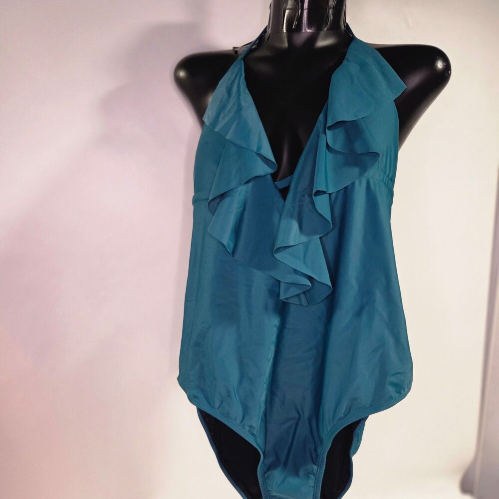 Costal Blue Control Swim Suit Teal Large NWT One Piece Bathing Suit Ruffle